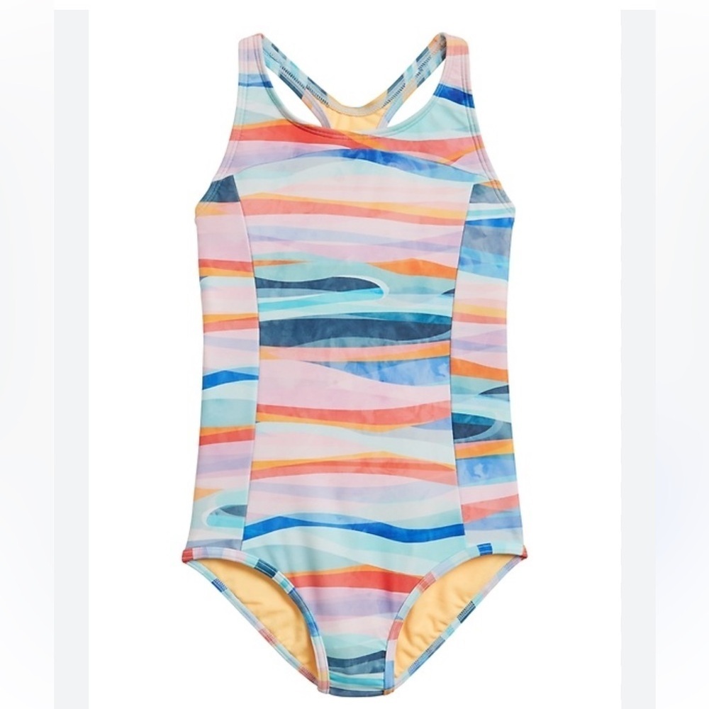 Athleta Girl Wave Break Multicolor Racerback One Piece Bathing Suit size 14